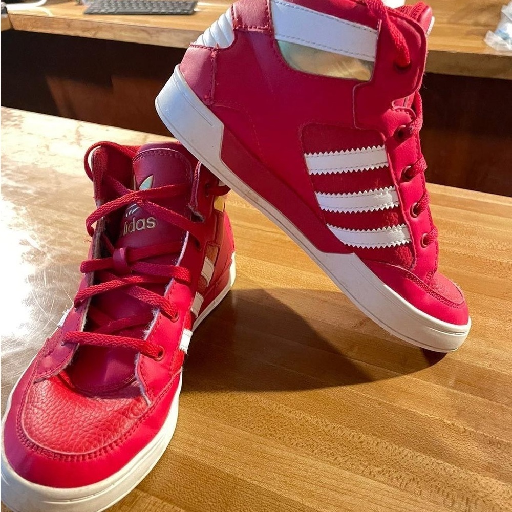 Adidas Kids High Top Sneakers Red White Size 1